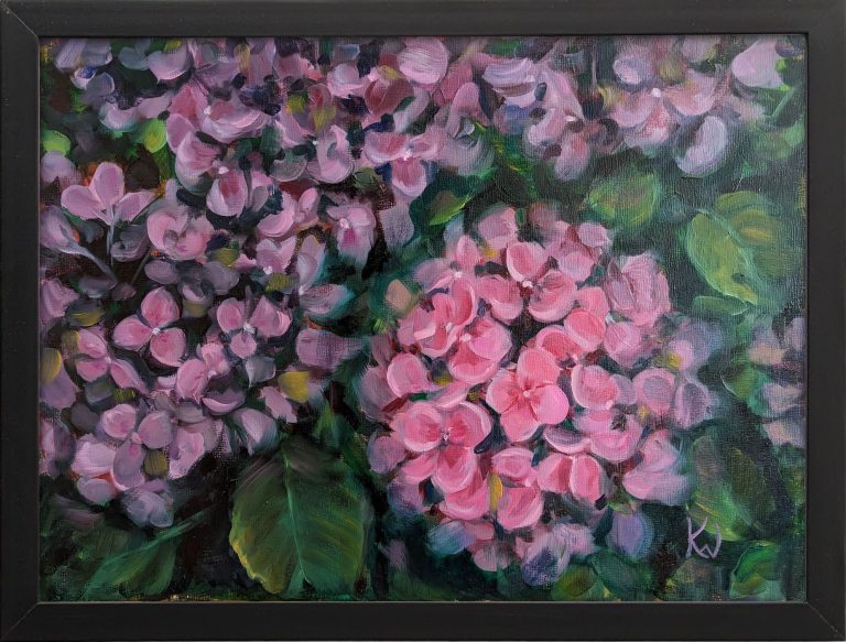 Ölgemälde mit pinken Hortensien und dunkelgrünen Blättern, gemalt mit lockeren Pinselstrichen