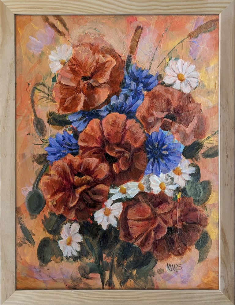 Acrylgemälde mit Mohnblüten, Kornblumen und Margeriten auf einem gelb-orangen abstrakten Hintergrund