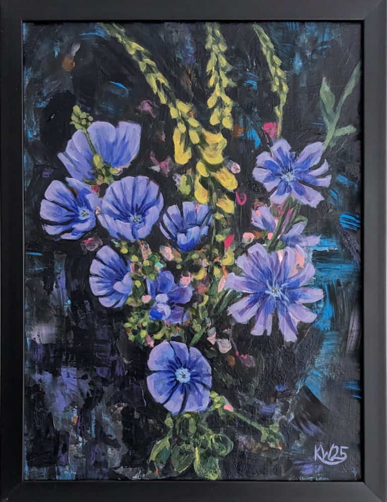Acrylgemälde mit blauen und gelben Wildblumen in lockeren, abstrakten Pinselstrichen