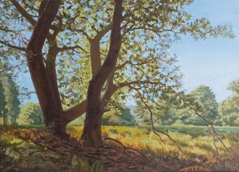 Ölgemälde mit zwei großen, alten Bäumen im schattigen Vordergrund, eine sonnenbeschienene Wiese und weitere Bäume im Hintergrund