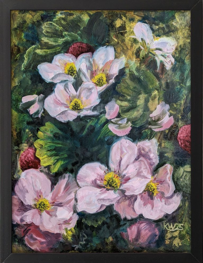 Ölgemälde mit großformatigen hellrosa Erdbeerblüten, einigen dunklen Blättern und Früchten.