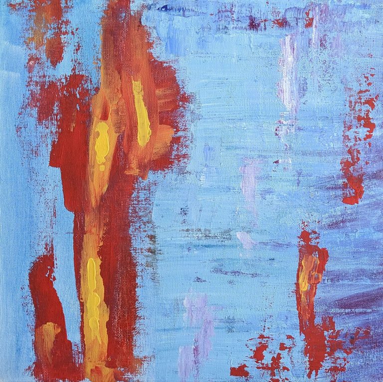 Abstraktes Acrylgemälde mit texturierten Pinselstrichen in Rot, Orange und Gelb auf einem hellblauen Hintergrund