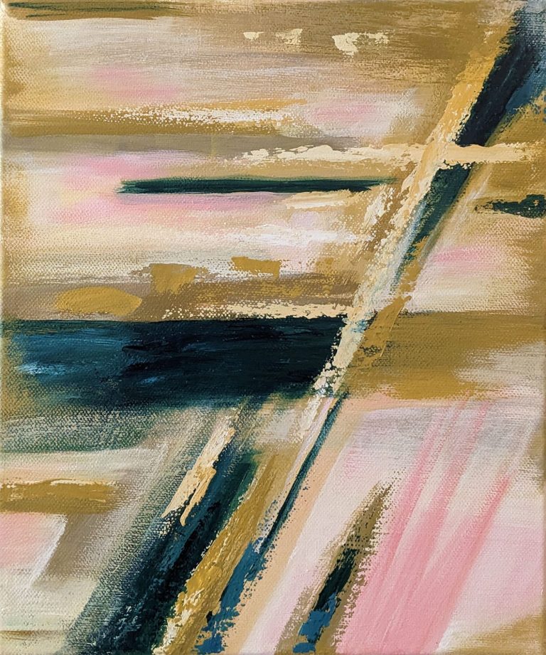 Abstraktes Acrylgemälde mit horizontalen und diagonalen Linien und Texturen in erdigen Brauntönen, Hellrosa und dunklem Petrol